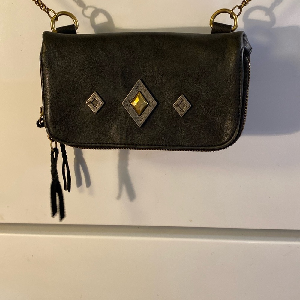 DOLCE VITA Black Zip Up Snap Fold Over Crossbody Chain Purse Mini Bag 7"x5" Stud